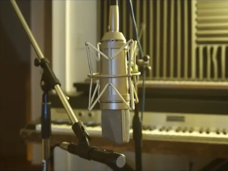 Large-diaphragm microphone with the Rhodes piano behind